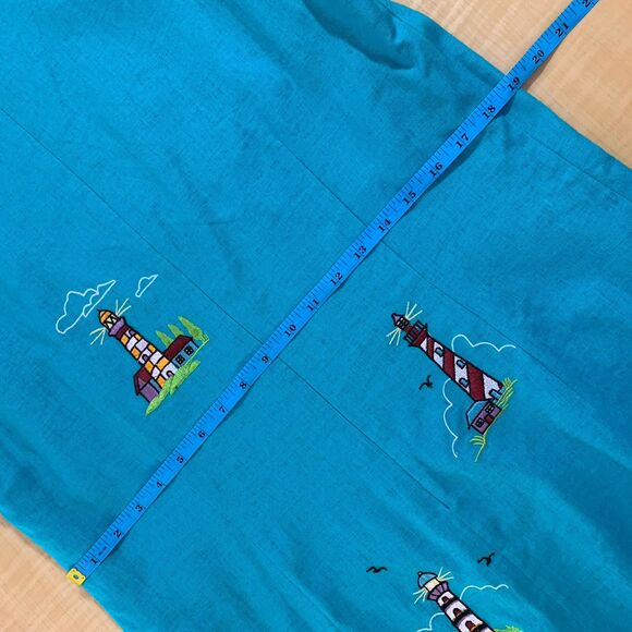 Vintage Dress Linen Embroidered 12 14 XL Lighthouses Nautical Marine Blue Teal - Picture 16 of 16